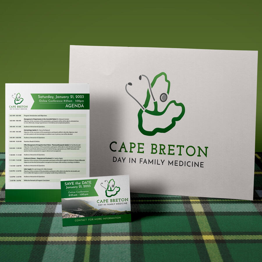A selection of materials made with the Cape Breton Day in Family Medicine logo. The logo is a stethoscope shaped like Cape Breton.