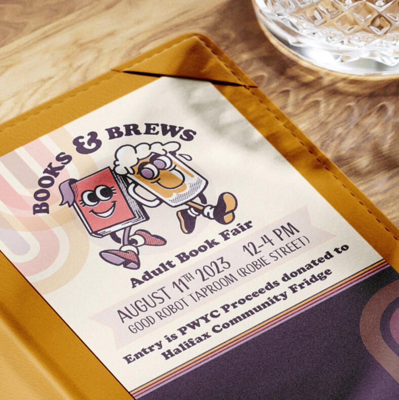 The logo for Books & Brews, featured on a small drinks menu. The logo features a cartoon book and a cartoon beer in rubberhose style illustration.
