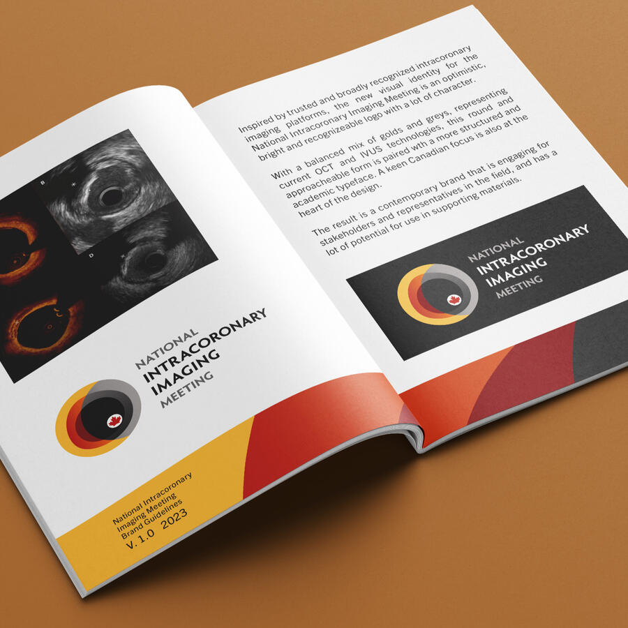 An open book featuring images of intracoronary imaging and the logo inspired by them. The logo is a blend of orange/red colour and black and white ultrasound, with a small maple leaf.