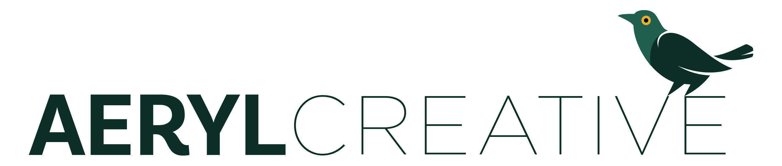 The logo for Aeryl Creative, a design agency. The logo is the company name, plus a small green grackle.