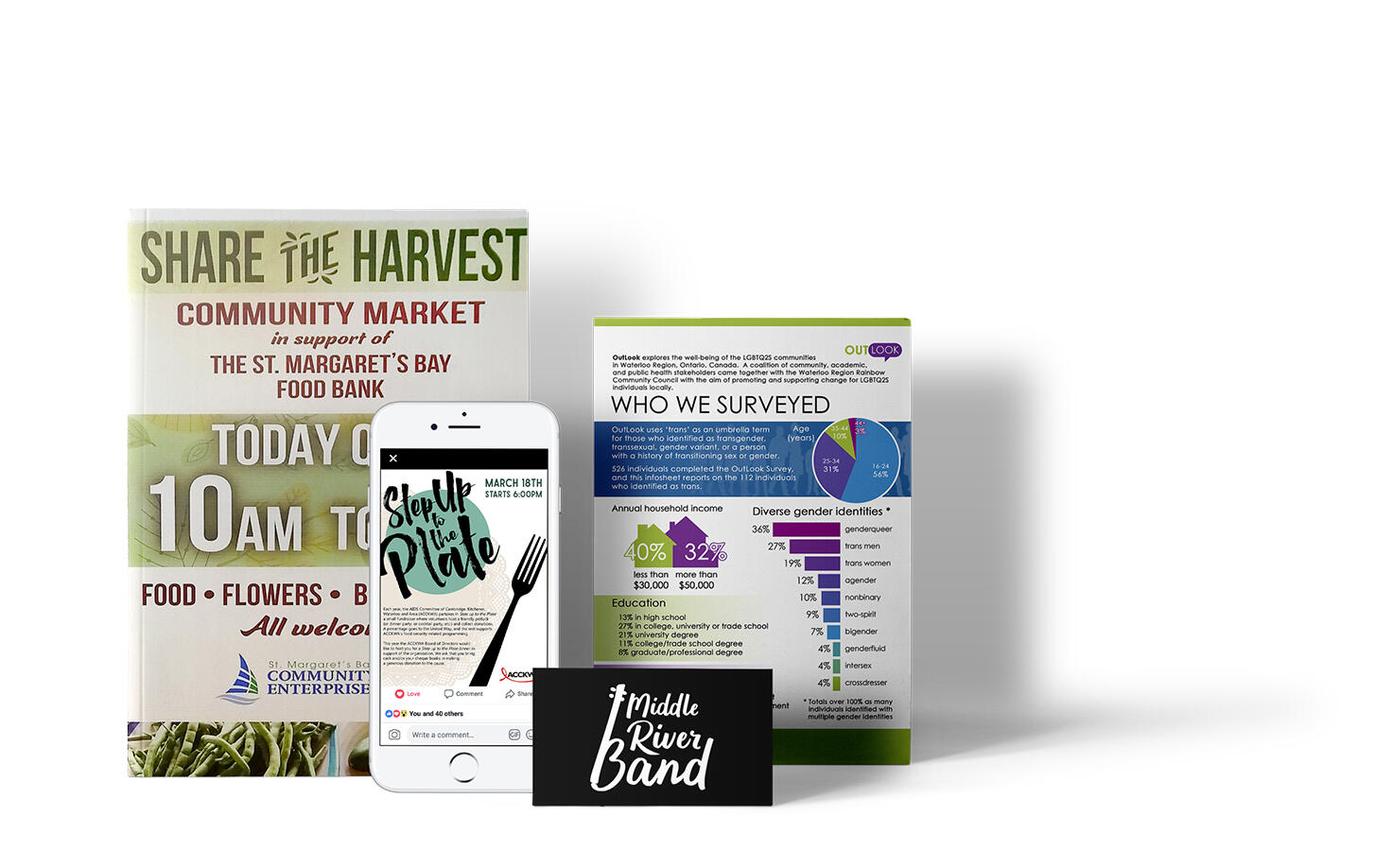 A small selection of design materials that Aeryl Creative offers. There is are print materials like a poster, business card, and brochure, but also social media elements displayed on a phone as well.